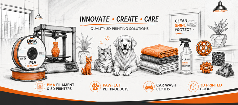 BMA 3D printing solutions with various products and animals on a white background